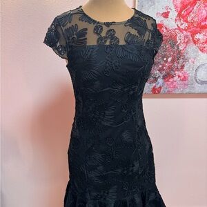 Halston Elegant Black Lace Dress with Illusion neckline